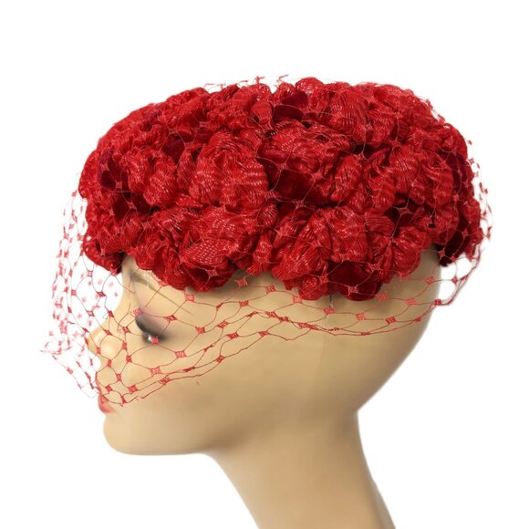 Mid-Century 60’s /clover Lane Red Cellophane Straw & Velvet Ribbon Hat Vintage main image 5